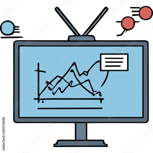Doodle style illustration of a television screen displaying a fluctuating line graph with data points and a small text box in a minimalist aesthetic