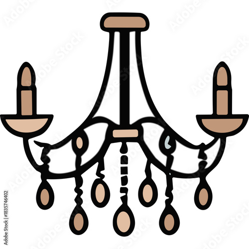 Elegant Chandelier With Candle Style Lights And Crystal Droplets In A Classic Design With Black Outline And Beige Accents Illuminated With Soft Light