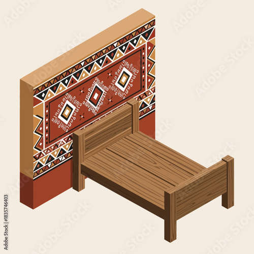 Minimalist wooden bed with decorative wall hanging in warm neutral tones