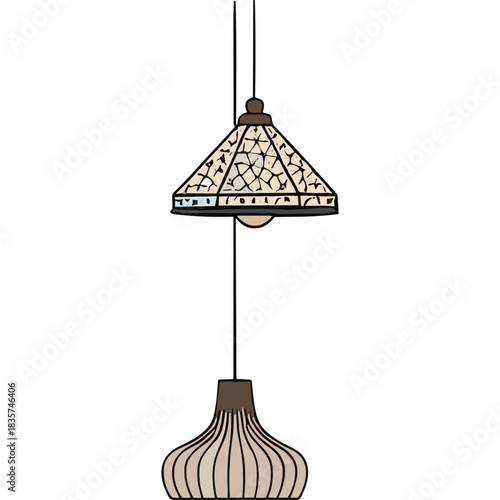 Elegant Double Hanging Pendant Light Fixture with Intricate Geometric Pattern Shade and Frosted Bulb Illuminating a Dark Background