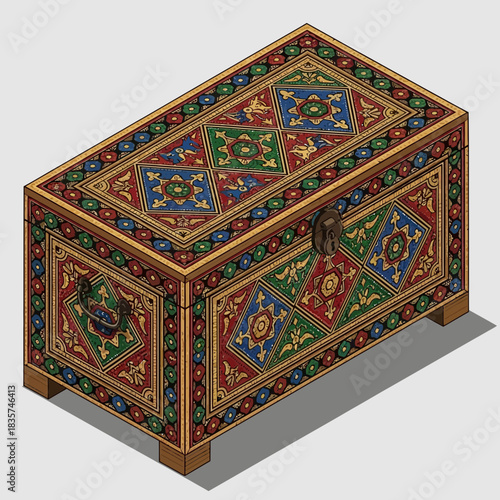 Ornamental Wooden Chest with Intricate Hand-Painted Floral Details