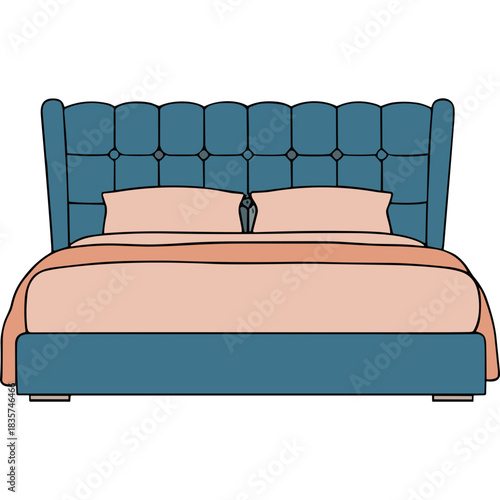 Elegant Teal Upholstered Tufted Headboard Bed with Peach Linens and Two Pillows Interior Design Furniture and Bedroom Concept Isolated on Black Background Detailed Illustration