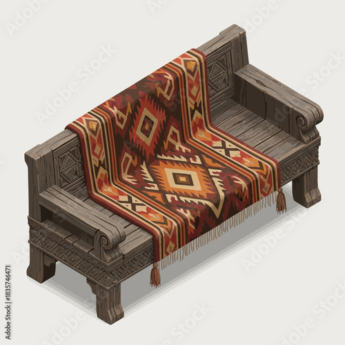 Rustic wooden bench adorned with an indigenous geometric-patterned blanket