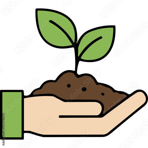 Human Hand Gently Holding Dark Soil With Two Green Leaves Sprouting Upwards In Flat Design With Black Background