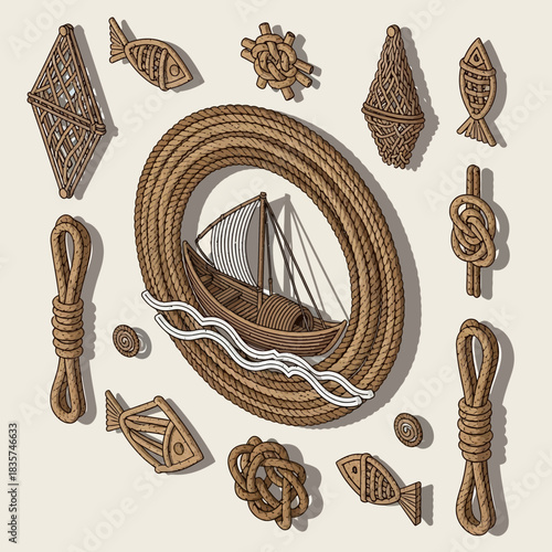 Vintage Nautical Illustration Featuring Ship, Knots, and Rope Elements on a White Backdrop