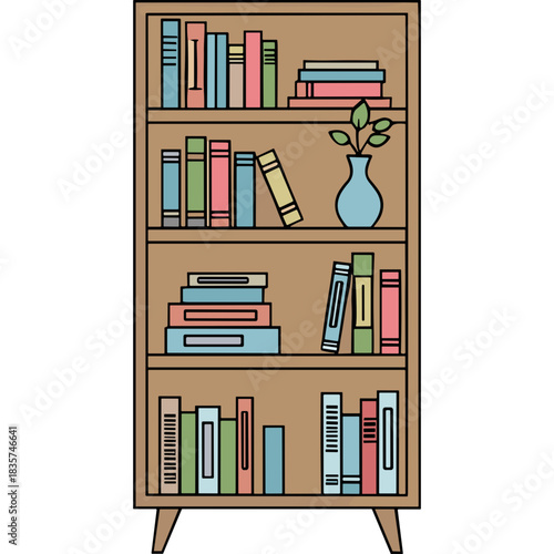 Illustrated Bookshelf Filled With Colorful Books And A Small Potted Plant In A Light Blue Vase On A Transparent Background