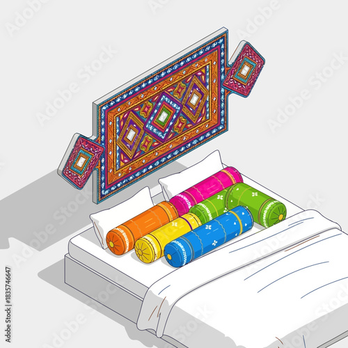 Whimsical Bedroom Composition with Decorative Textiles and Vibrant Pillows