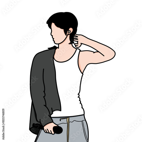 Vector illustration of a Korean K-pop idol. A young male K-pop idol raising one hand while posing.