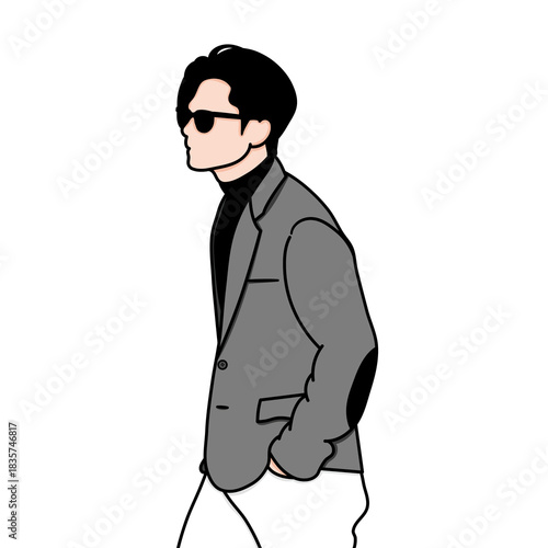 Vector illustration of a kpop idol airport fashion. A handsome male kpop idol outfit while wearing a suit and sunglasses.