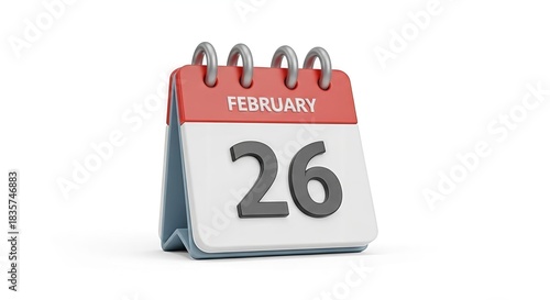 Precise render of desktop calendar displaying February 26th against a white backdrop