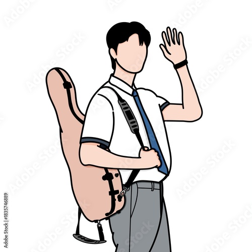 Vector illustration of a schoolgirl waving while carrying a violin case. The painting was inspired by a scene from a popular Korean drama.