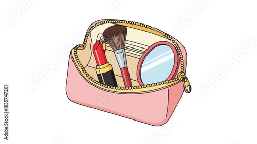 Illustration of a blush pink makeup bag containing beauty essentials for feminine charm