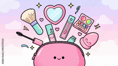 Charming cosmetic bag with a delightful collection of cute makeup accessories illustration