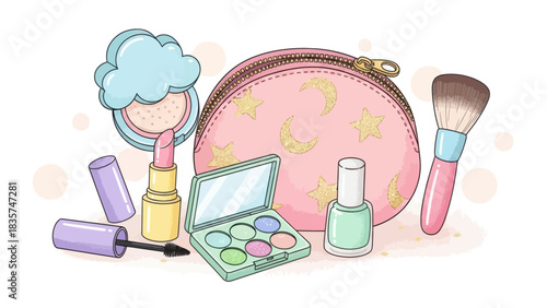 Charming pastel makeup collection with whimsical illustrations for beauty enthusiasts and cosmetic