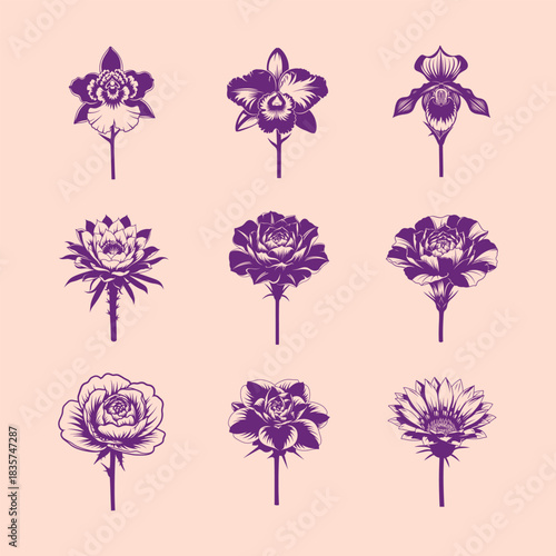 Nine purple flower silhouettes on a light peach background