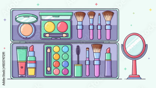 Pastel toned makeup kit filled with brushes, powders, and lipsticks for beauty needs