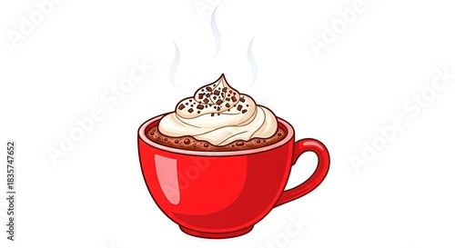 Red mug with cocoa and fluffy whipped cream, adorned with chocolate chips delights visual senses