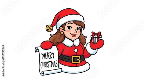 Festive christmas lady illustration with gift and scroll delivering holiday wishes cheerfully
