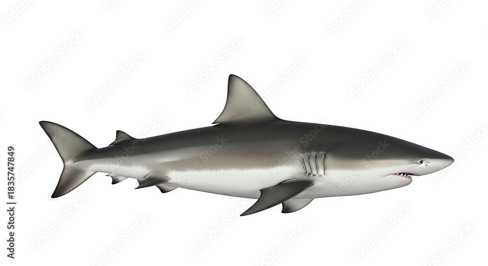 Fototapeta premium Majestic ocean predator a sleek grey shark swimming across a pristine white background