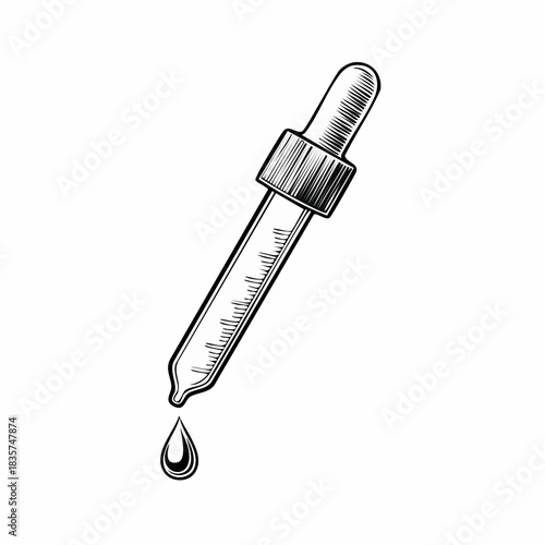 Elegant minimalist drawing of a dropper with a liquid drop on a white backdrop