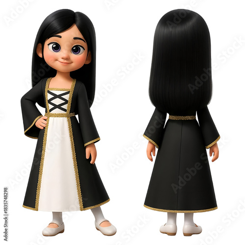Girl with Long Black Hair Wearing Black Dress With Gold Trim and White Front Panel and is Shown From The Front and Back