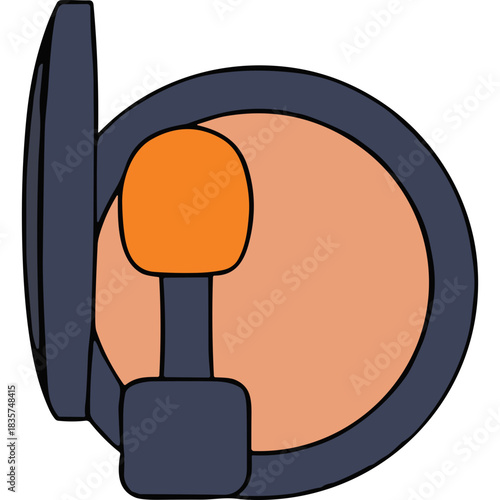 Illustration of a makeup compact with an orange applicator and a mirror showing a pastel pink powder against a dark grey casing