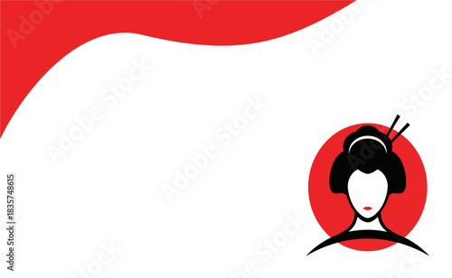 Elegant geisha silhouette stands against a vibrant red sun, symbolizing Japanese culture and tradition with minimalist artistry.