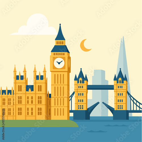 London Riverside Cityscape with Big Ben Palace of Westminster and Tower Bridge 