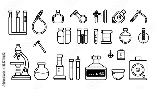 Medical icons set: Vector icons set of medical bottle, tube, symbol, and sign illustration for laboratory science design