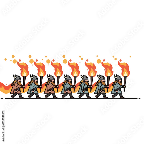 Viking torch procession featuring men marching with lit torches 