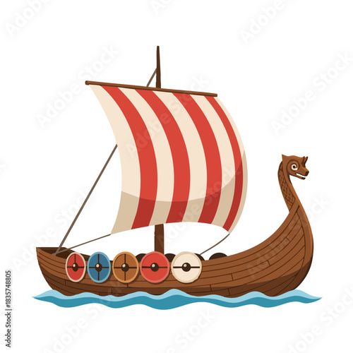 Viking longship sailing on water with red striped sail and dragon head - Concept of Up Helly Aa  