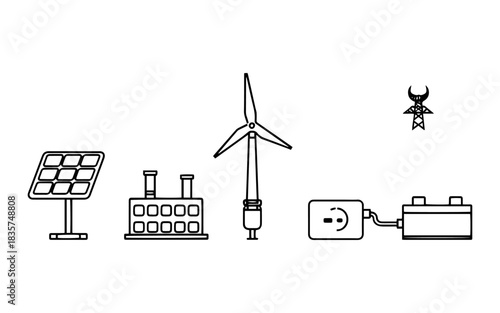 Renewable wind energy turbine and solar panel icons vector set for eco power technology illustration