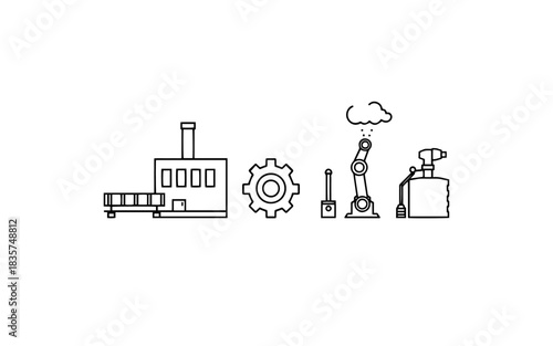 Social network concept illustration for business design, featuring urban city architecture icons and factory silhouettes