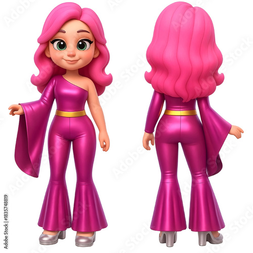 Girl Wearing Bright Pink Outfit with Wide Pants and One Sleeve Shirt and Front and Back View