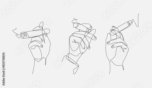 One line vector drawing of multiple hands with cigars. Editable illustration.