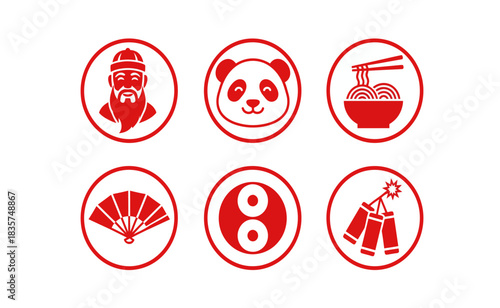 Chinese symbols in red circles representing culture and traditions for lunar new year celebrations and cultural events.