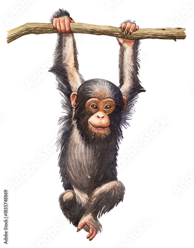 Watercolor illustration of a baby chimpanzee hanging on a branch. Ideal for nursery prints, children’s books, posters, and educational wildlife materials.