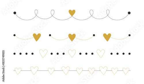 Elegant minimalist Valentine heart garland border set in black and gold, romantic decorative line dividers for love, wedding, and celebration designs