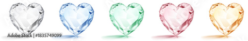 Five heart-shaped gems in different pastel colors, with subtle shadows and reflections on a white background, showcasing intricate facets and light refractions.