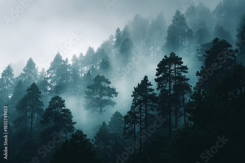 Foggy pine forest with layered trees in soft atmospheric light