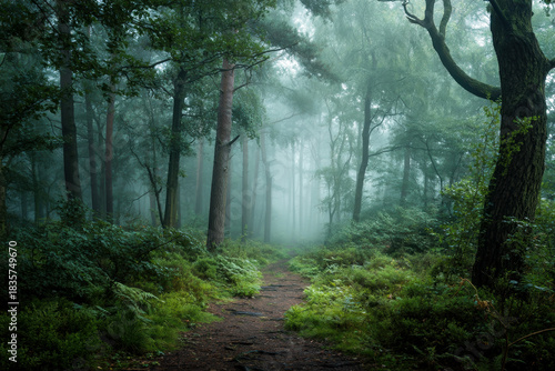 Misty forest path leading through lush green woodland