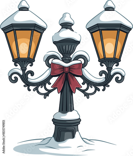 Snow-covered street lamp, festive glow, holiday bow, winter decor, warm lantern light, seasonal ambiance, ornate post, Christmas illustration, cold charm
