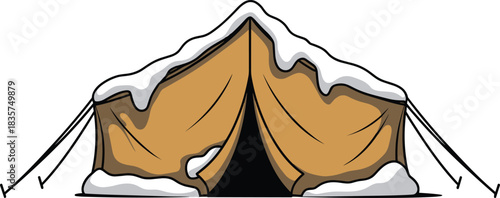 Winter camping tent, snowy roof, outdoor shelter, cold weather gear, adventure setup, seasonal survival, wilderness camp, frosty environment, hiking base