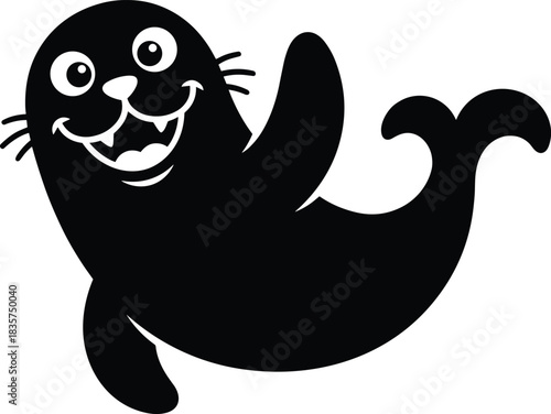 Cartoon seal illustration, black and white vector, playful marine animal, smiling seal, cute character, minimal design, ocean creature, flipper raised