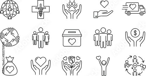 Charity and Donation Line Art Icon Set, Flat Vector Illustration, Representing Fundraising, Volunteering, Help, Love, Welfare, Humanitarian Aid, and Social Service., Charity, Donation, Help, Volunteer