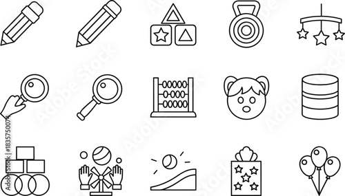 Childhood Education and Playtime Outline Icons, Kindergarten and Nursery Learning Toys, Baby Development Activities Vector Set