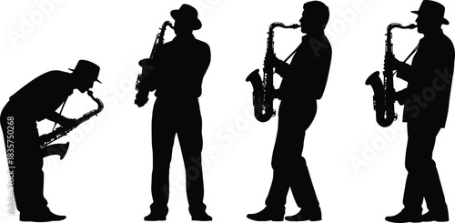 Four Silhouettes of a Man Playing the Saxophone, Dressed in a Hat, Representing Jazz, Blues, Music, Entertainment, Performance, Instrument, and Artistic Expression on White., Saxophone, Silhouette, Ja