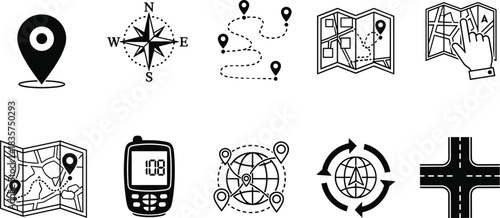 GPS and Navigation Black Icons, Flat Vector Illustration, Representing Map, Compass, Location Pin, Route, Direction, Global Travel, and Road Network.