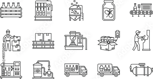Manufacturing and Factory Process Line Icons, Production, Conveyor Belt, Bottling, Packaging, and Distribution Outline Vector Set