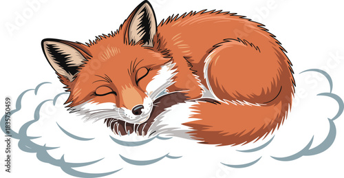 Sleeping red fox on fluffy cloud, dreamy animal illustration, peaceful fantasy scene, CAD drawing flat vector illustration, cozy wildlife artwork